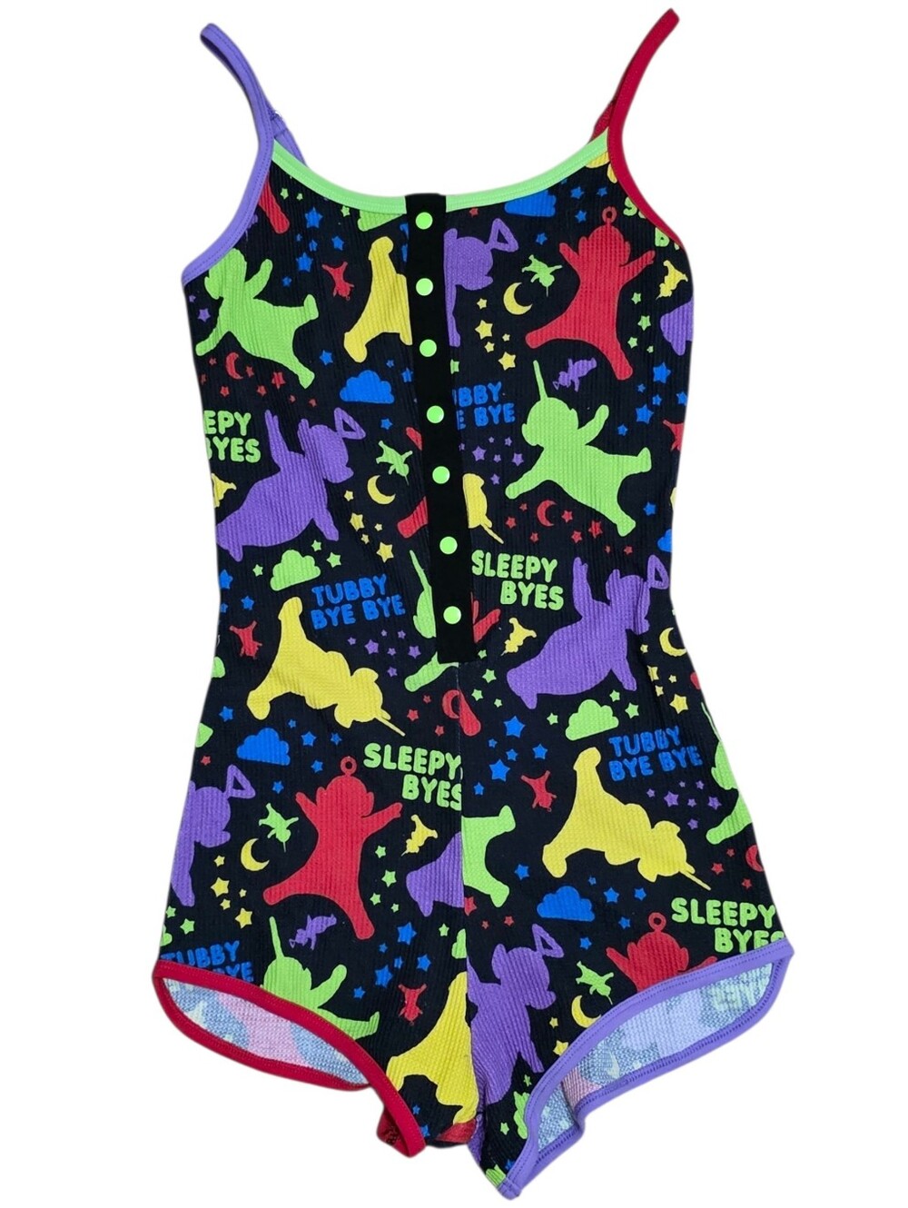 Dolls Kill x teletubbies waffle knit graphic multicolor button up romper